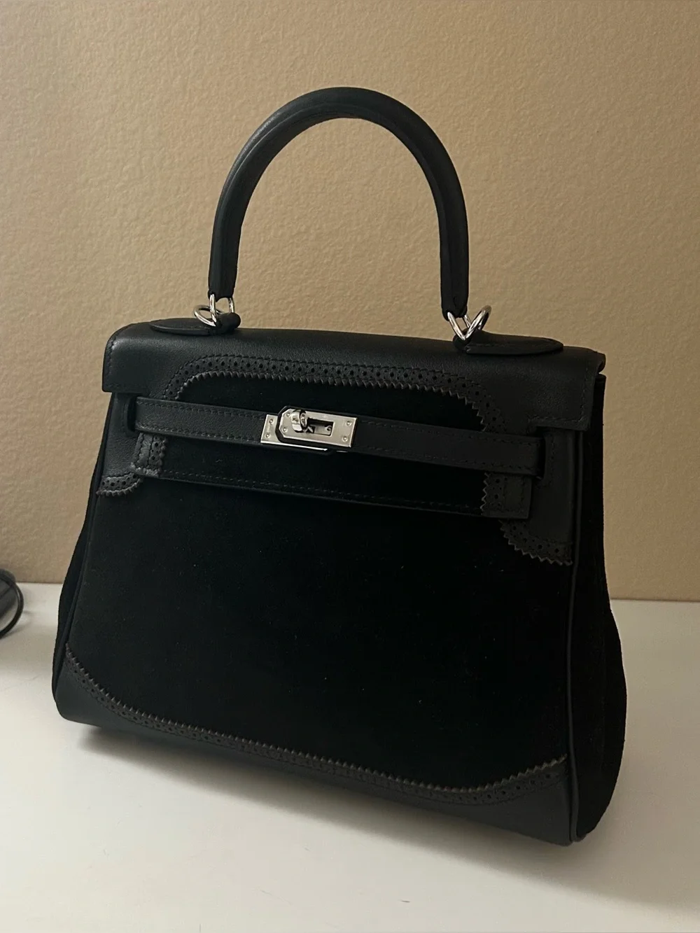 25cm Black Suede & Leather Lace Top-Handle Satchel